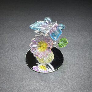 Hand Blown Spun Art Glass Decorative Pink & Blue Butterfly on Flower Figurine